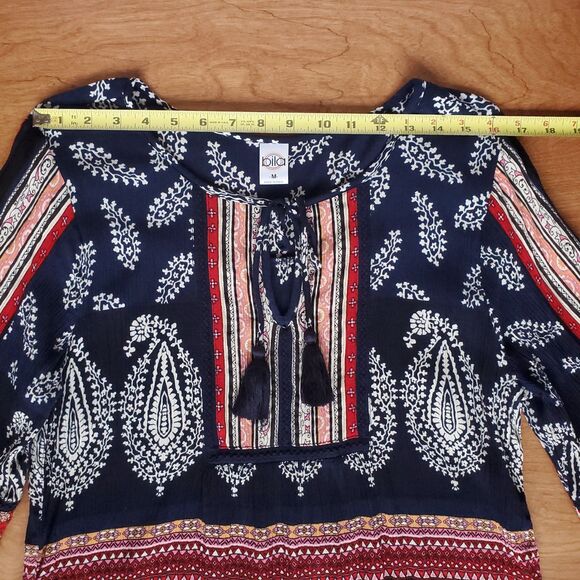 BILA Tunic Top Womens M Blue Red Floral Boho Peasant 3/4 Sleeve Tassel Paisley - Picture 10 of 14